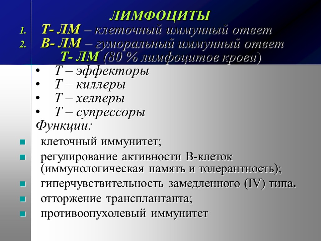 ЛИМФОЦИТЫ Т- ЛМ – клеточный иммунный ответ В- ЛМ – гуморальный иммунный ответ Т-